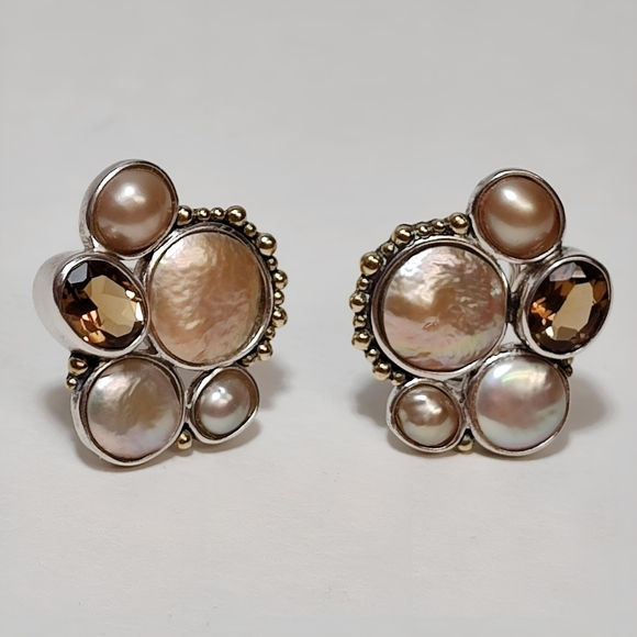Echo of The Dreamer Sterling Silver Bronze Pearl Citrine Post back Earrings - Picture 7 of 7